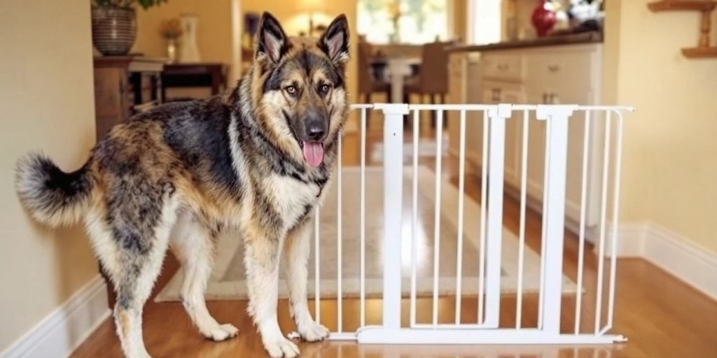 Large dog next to a freestanding dog gate.