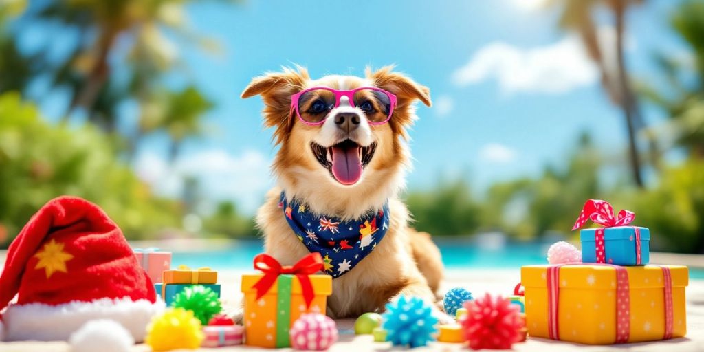 Happy dog with Christmas toys in summer sun.