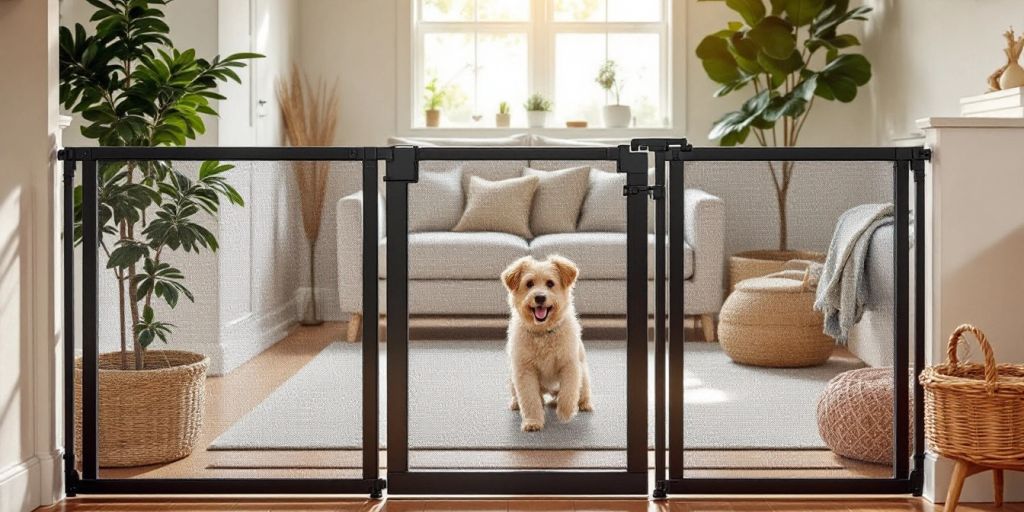 Happy dog inside a stylish indoor fence in a home.