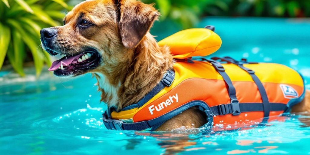 Dog in a colorful life jacket swimming in a pool.