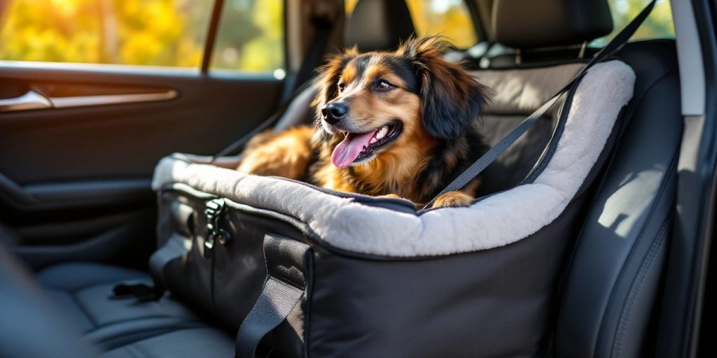 Dog sitting in a comfortable car seat.