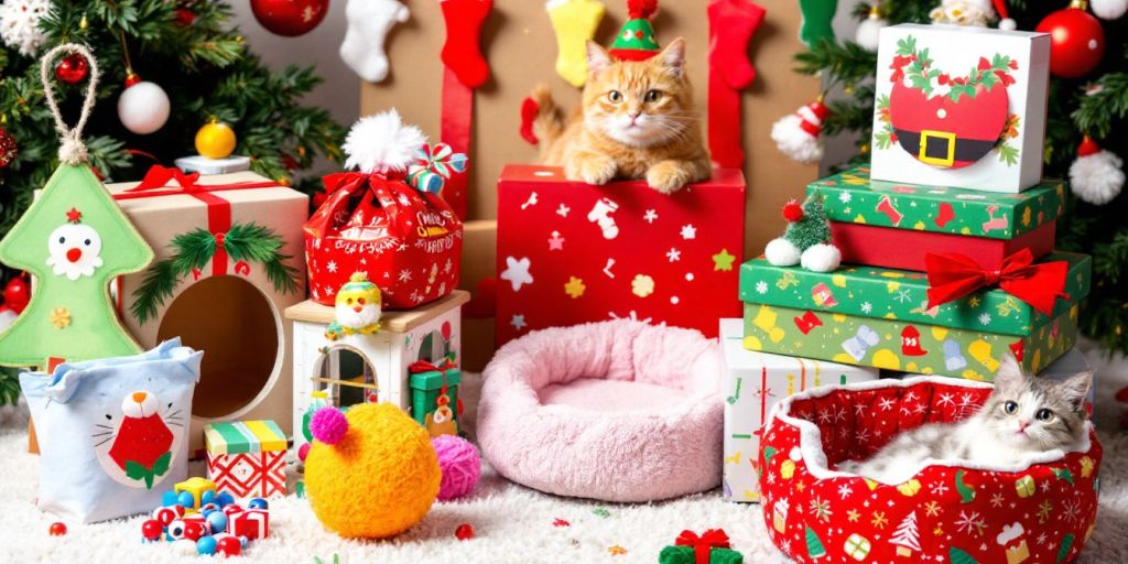 Colorful Christmas gifts for cats with festive decorations.