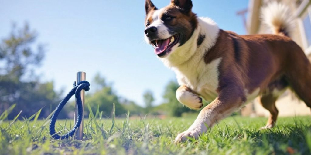 Dog enjoying secure playtime with a tie-out system.