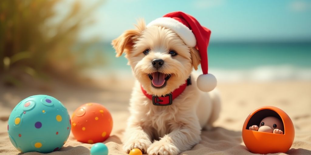 Dog with Santa hat and tech gadgets for Christmas.