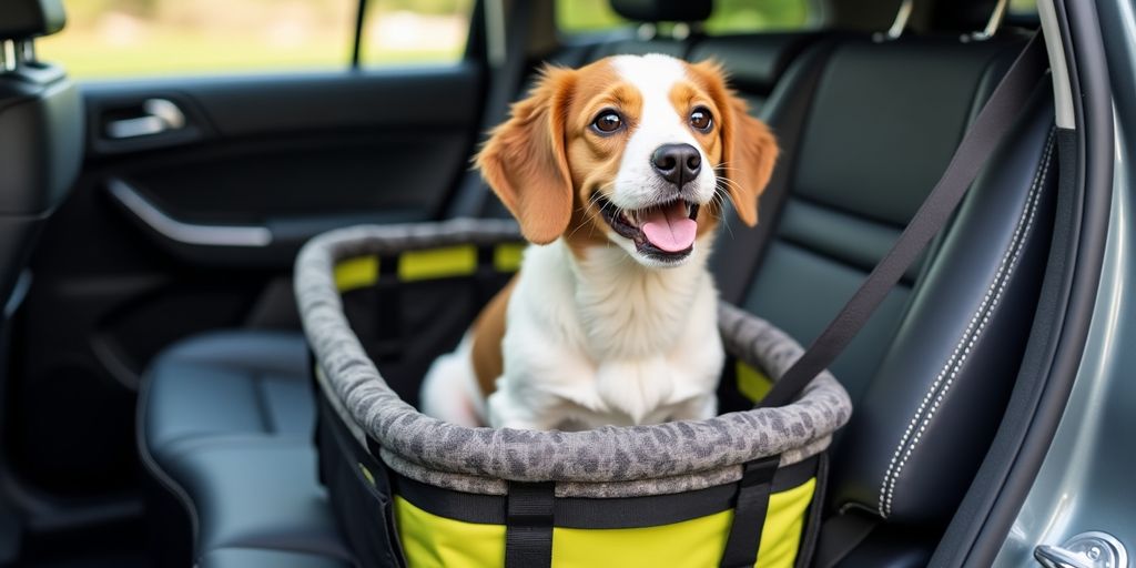 Dog car seat installed in a car for travel.