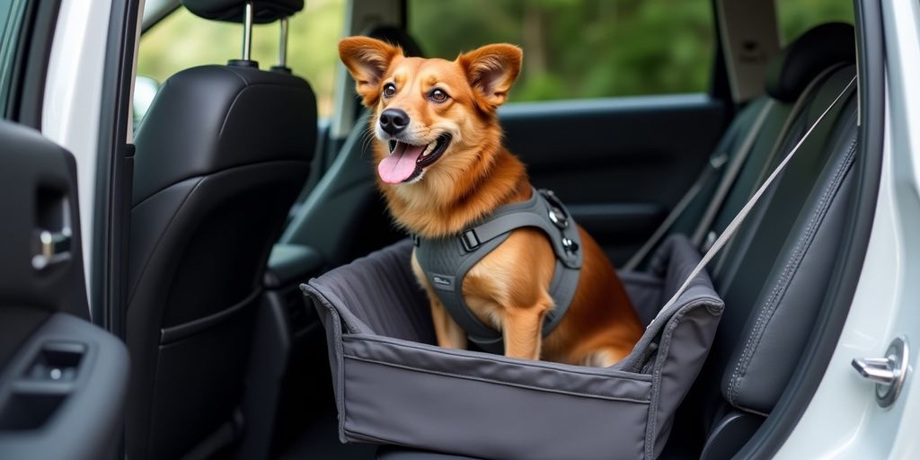 Dog in a car seat, looking comfortable and secure.