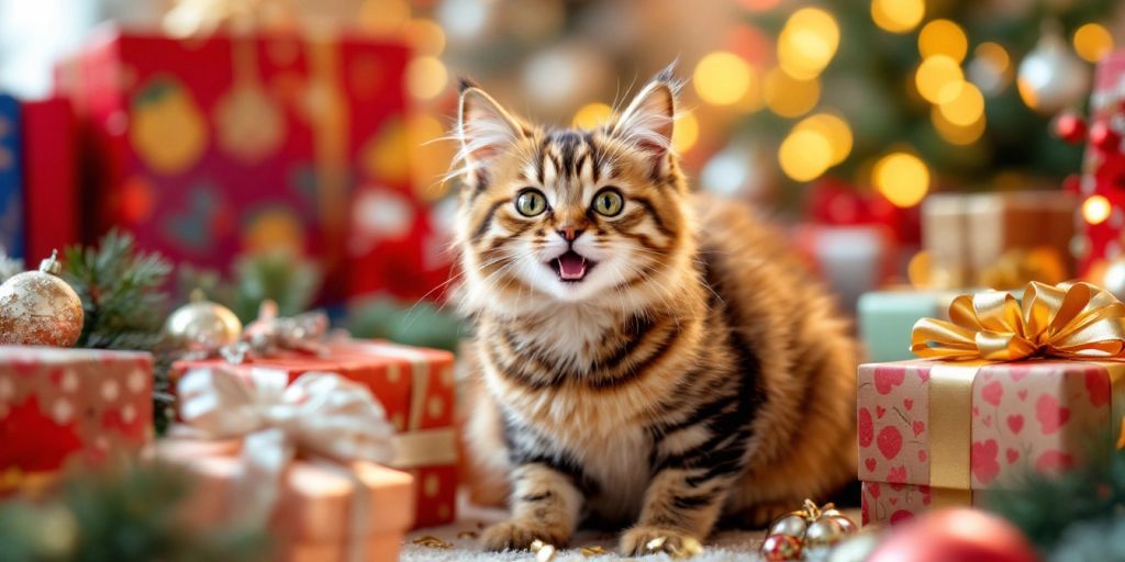 Festive cat with Christmas gifts and decorations in Australia.