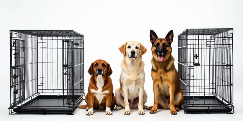 Dog beside various crate sizes for measurement.