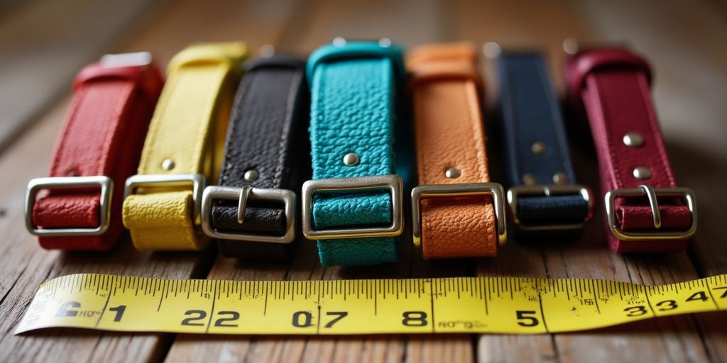 Different dog collars displayed on a wooden surface.