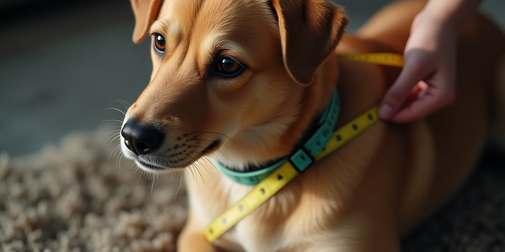 Dog collar measurement with a tape around its neck.