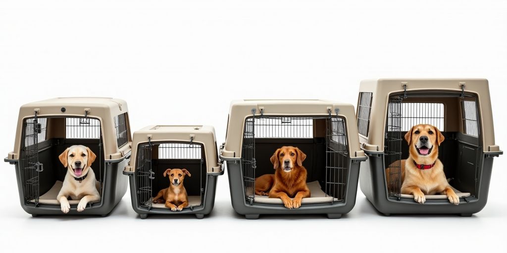 Different sizes of dog crates for various breeds.