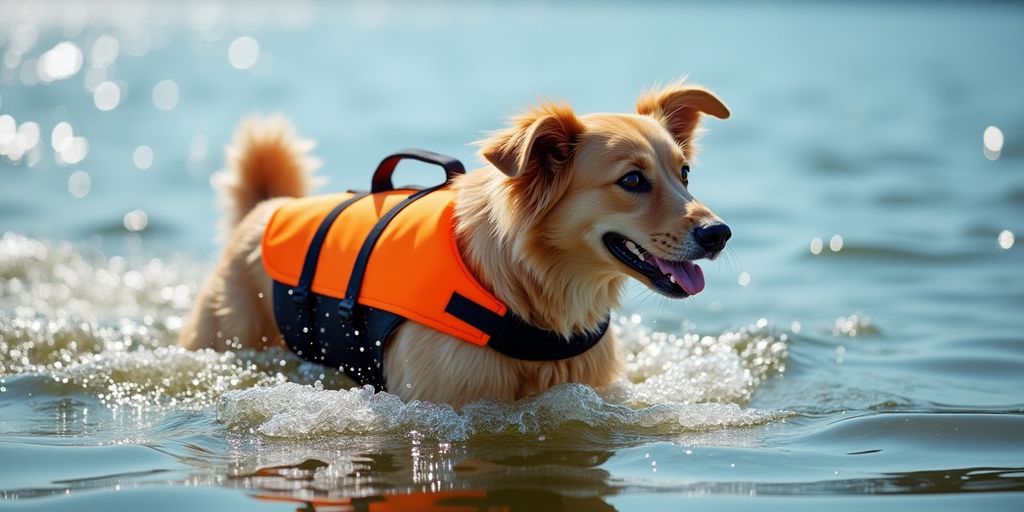 Dog in bright orange life jacket swimming in water.