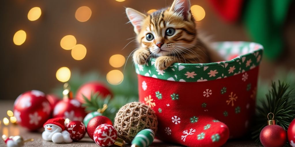 Christmas stocking stuffed with catnip toys for cats.