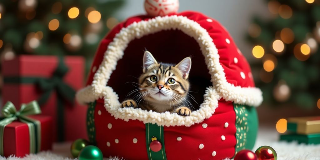 Festive cat bed shaped like a Christmas present.