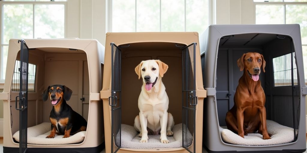 Different sized dog crates for various breeds.