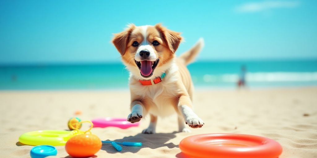 Dog playing with summer toys on a sandy beach.