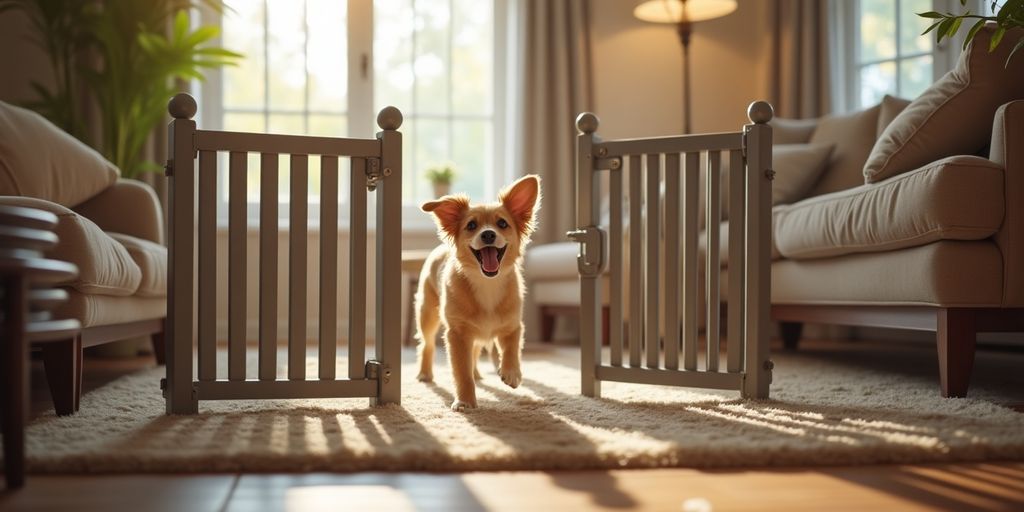 Happy dog inside stylish indoor fence in cozy home.