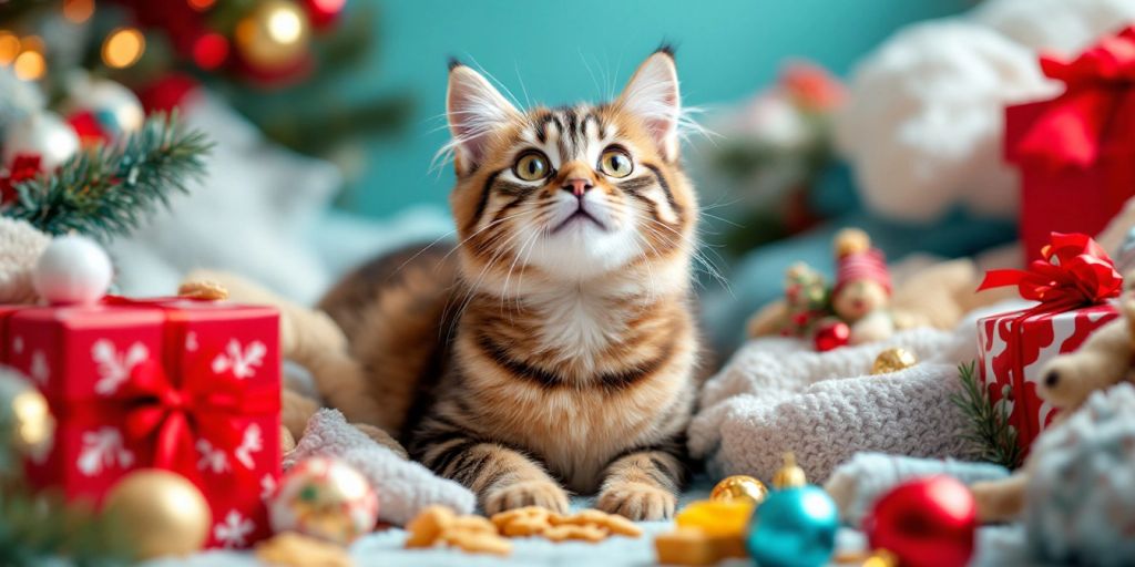 Cat with Christmas gifts and decorations in Australia.