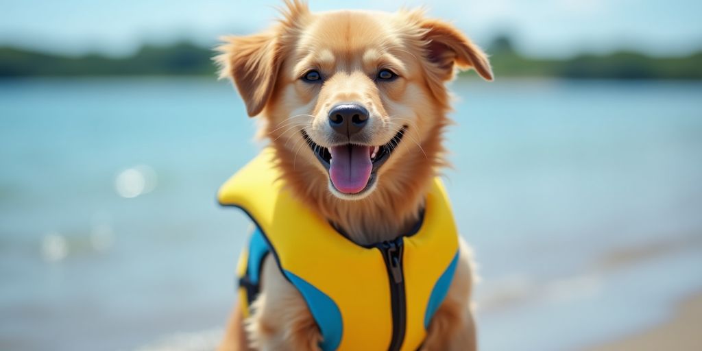 Dog in a life jacket at the beach.