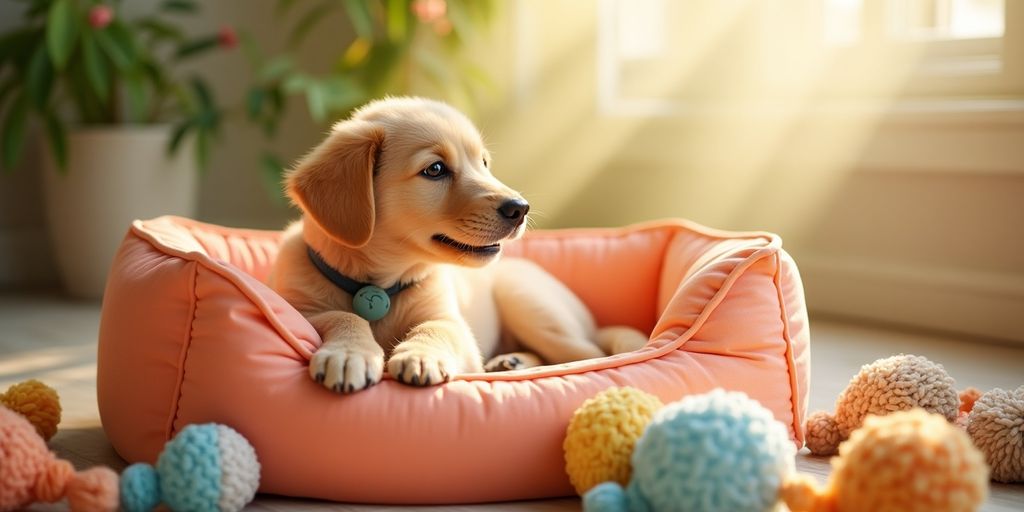 Comfortable dog bed with a puppy in summer.