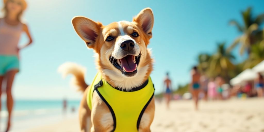 Dog in safety gear at a sunny beach.